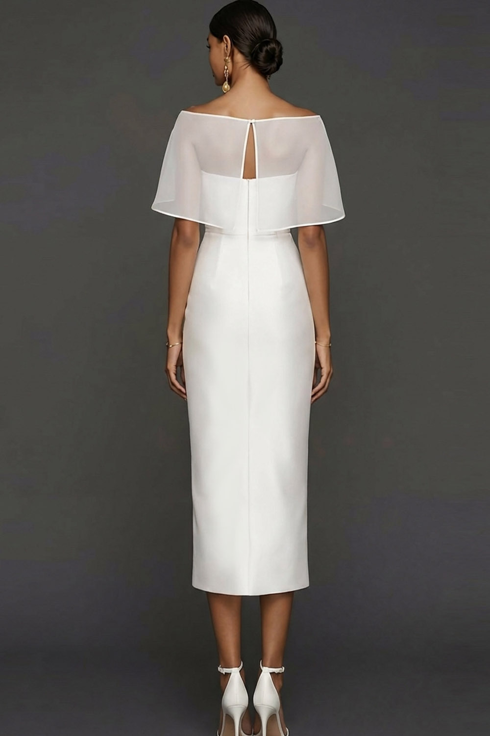 Champagne Wedding Bridesmaid Dress Strapless Satin Midi Dress with Cape