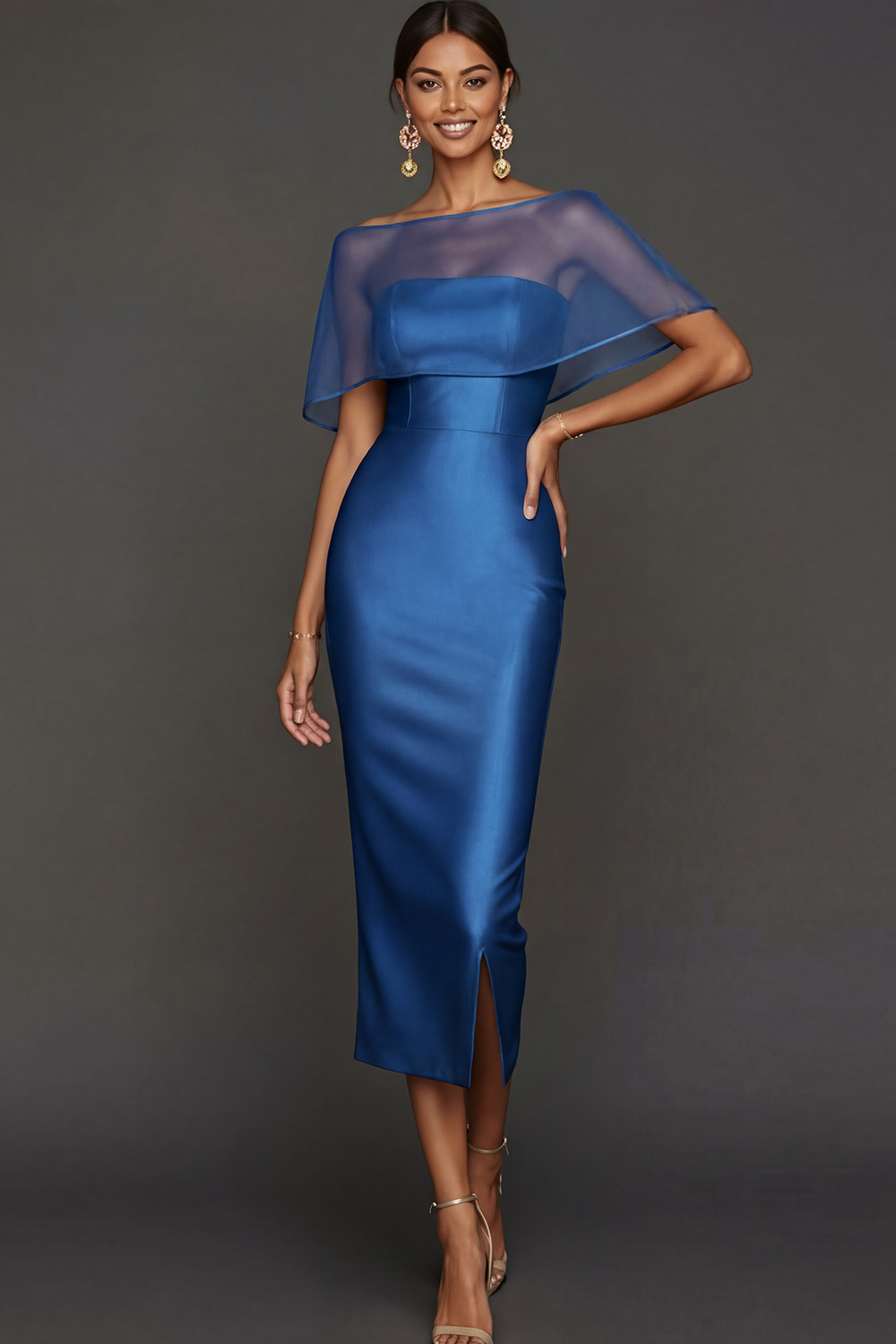 Champagne Wedding Bridesmaid Dress Strapless Satin Midi Dress with Cape