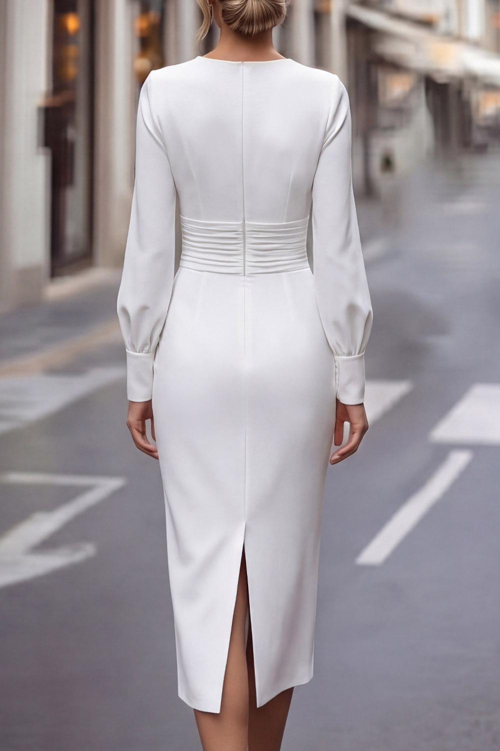 White Bussiness Work Dress Round Neck Long Sleeve Sheath Midi Dress 