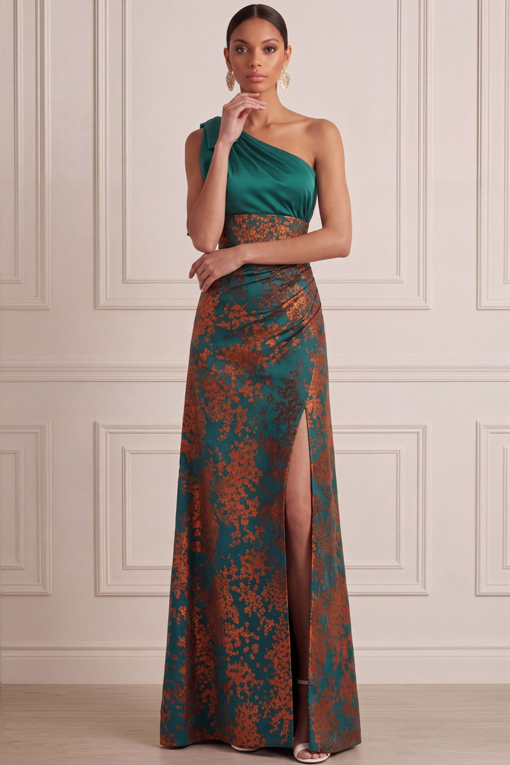 Peacock Green Wedding Guest Dress One Shoulder Floral Satin Maxi Dress