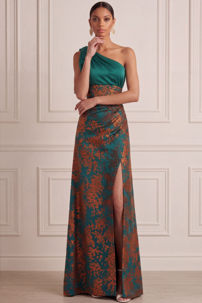 Peacock Green Wedding Guest Dress One Shoulder Floral Satin Maxi Dress