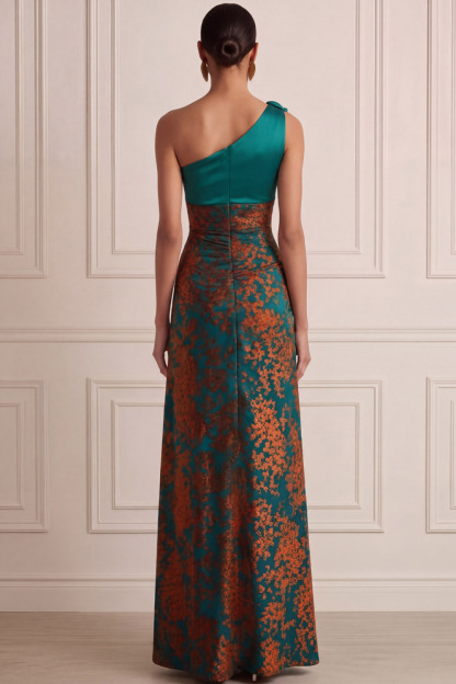 Peacock Green Wedding Guest Dress One Shoulder Floral Satin Maxi Dress