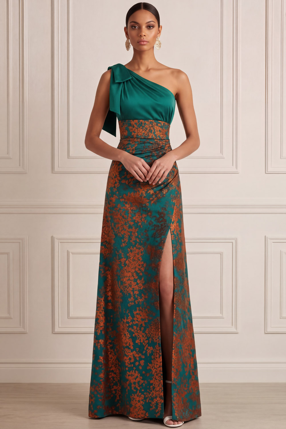 Peacock Green Wedding Guest Dress One Shoulder Floral Satin Maxi Dress