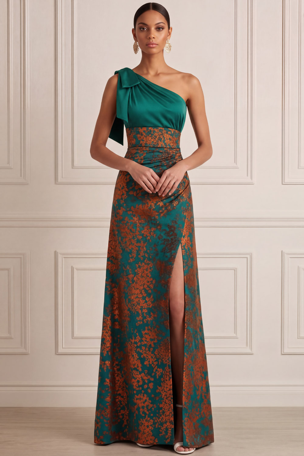 Peacock Green Wedding Guest Dress One Shoulder Floral Satin Maxi Dress
