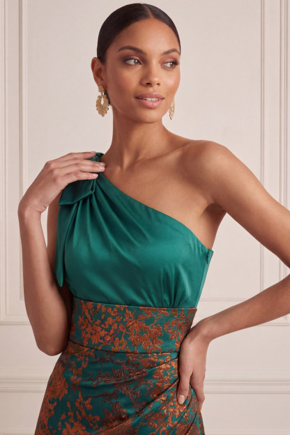 Peacock Green Wedding Guest Dress One Shoulder Floral Satin Maxi Dress