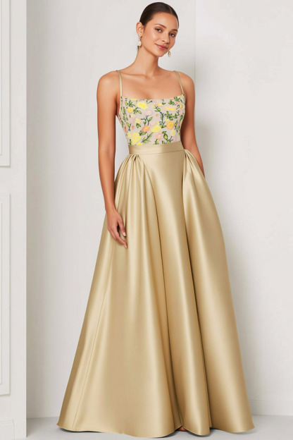 Champagne Evening Formal Dress Spaghetti Straps Satin Floral Maxi Dress 