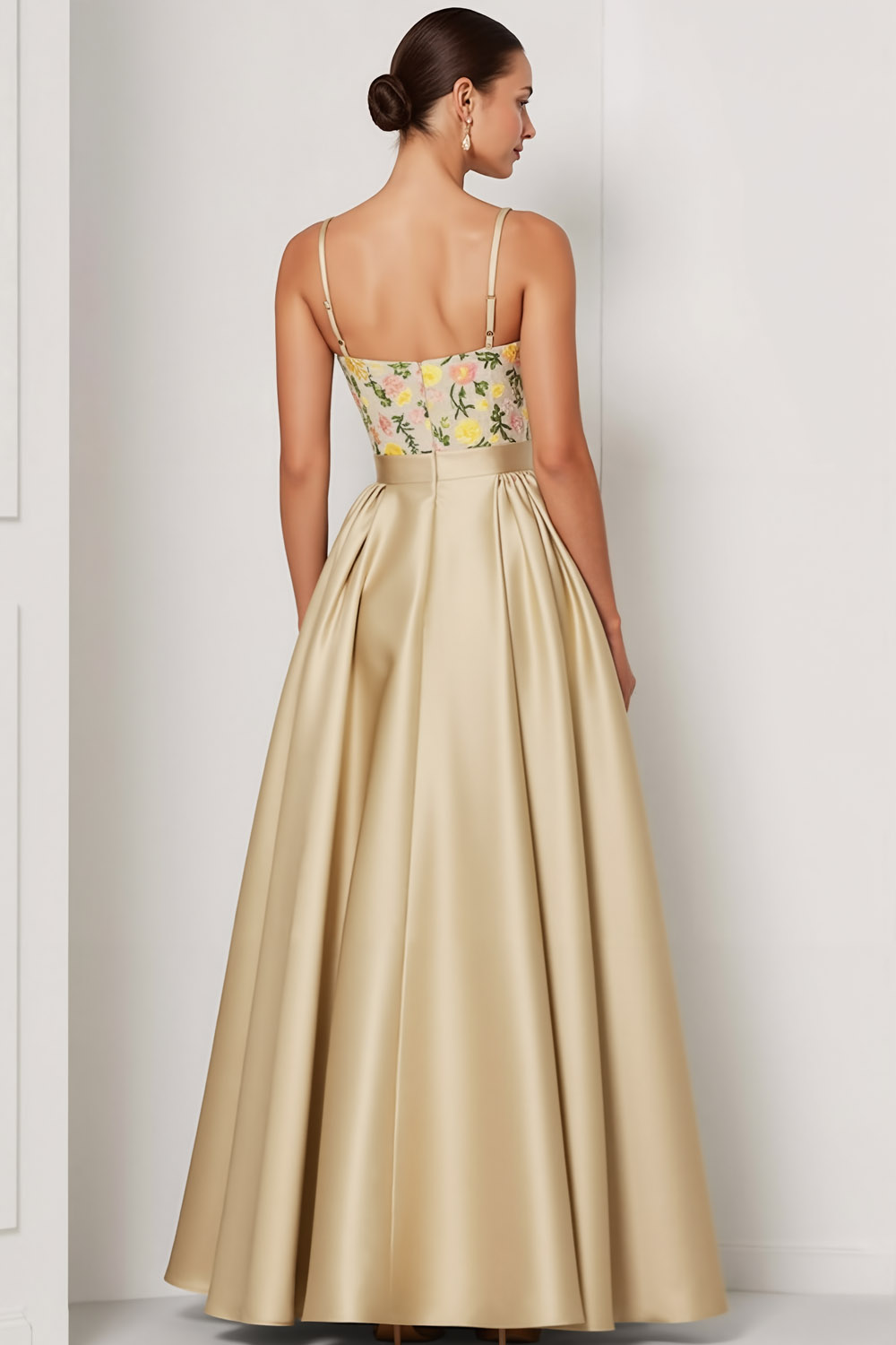 Champagne Evening Formal Dress Spaghetti Straps Satin Floral Maxi Dress 