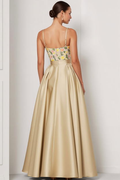 Champagne Evening Formal Dress Spaghetti Straps Satin Floral Maxi Dress 