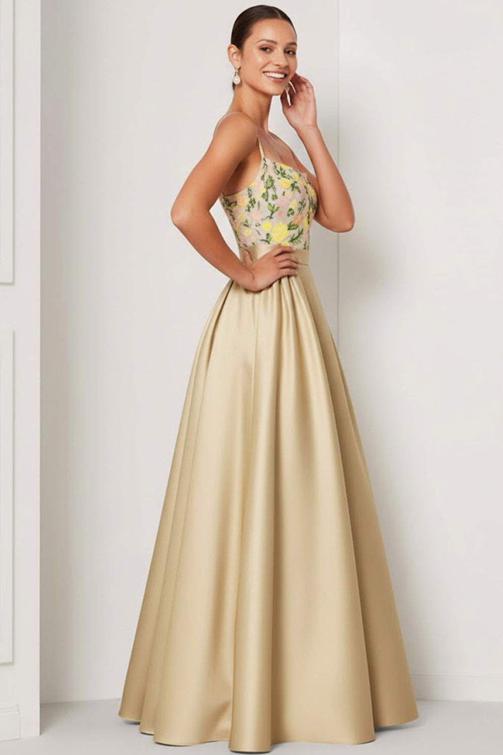 Champagne Evening Formal Dress Spaghetti Straps Satin Floral Maxi Dress 
