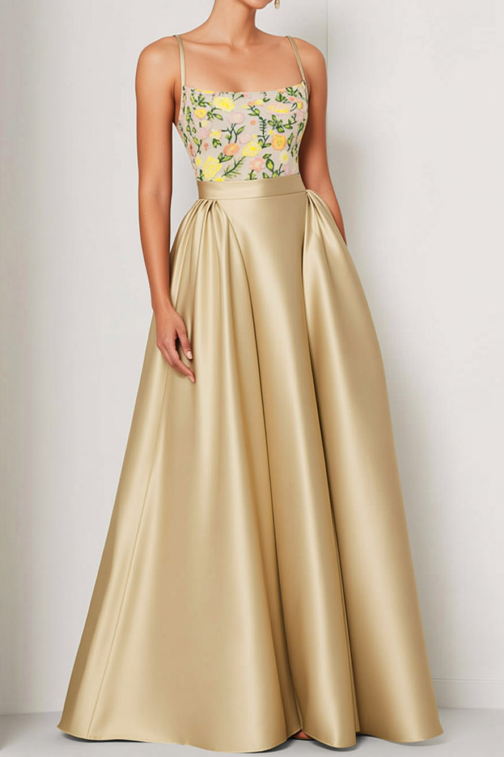 Champagne Evening Formal Dress Spaghetti Straps Satin Floral Maxi Dress 