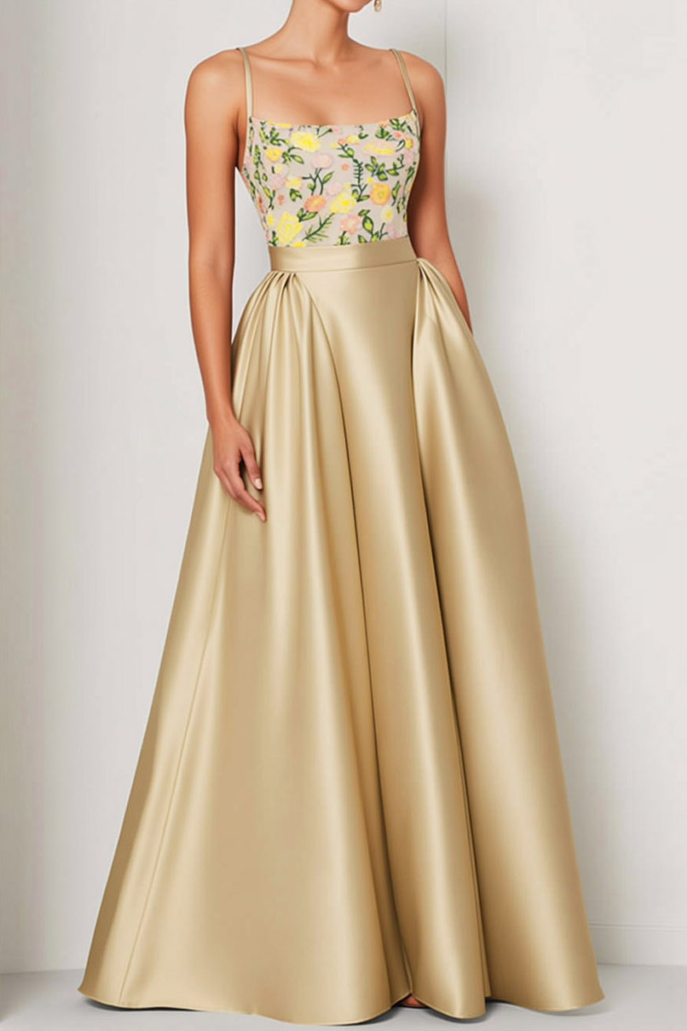 Champagne Evening Formal Dress Spaghetti Straps Satin Floral Maxi Dress 
