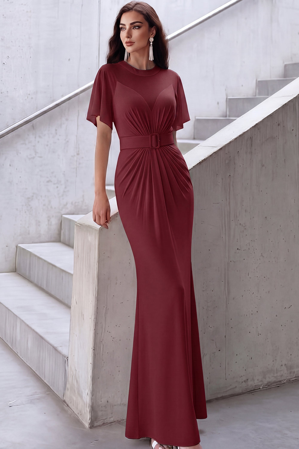 Blue Formal Evening Dress Illusion Neck Ruched Mermaid Maxi Dress