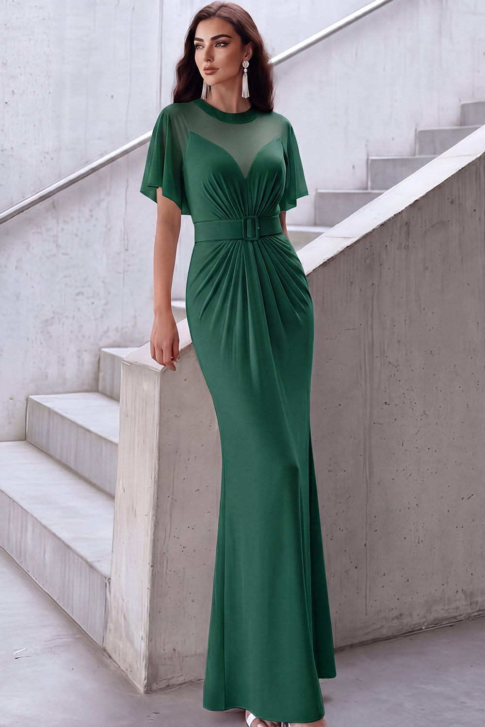 Blue Formal Evening Dress Illusion Neck Ruched Mermaid Maxi Dress