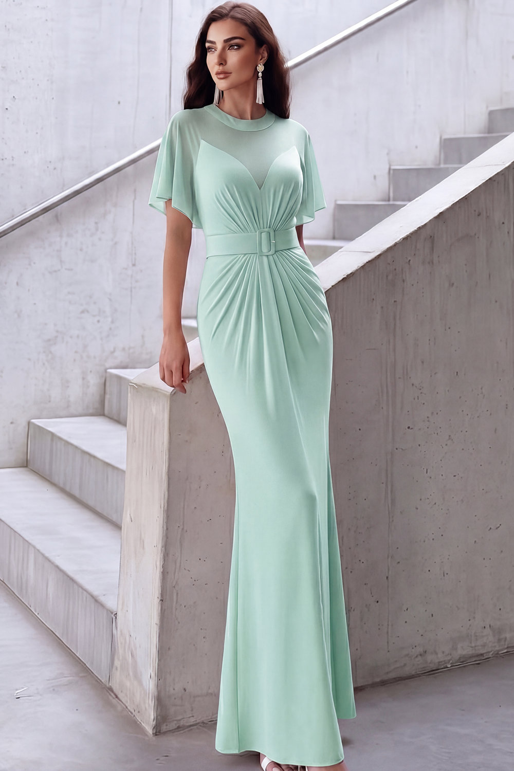 Blue Formal Evening Dress Illusion Neck Ruched Mermaid Maxi Dress