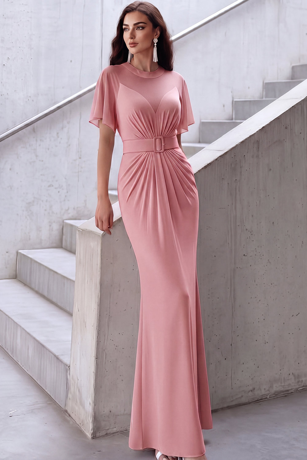 Blue Formal Evening Dress Illusion Neck Ruched Mermaid Maxi Dress