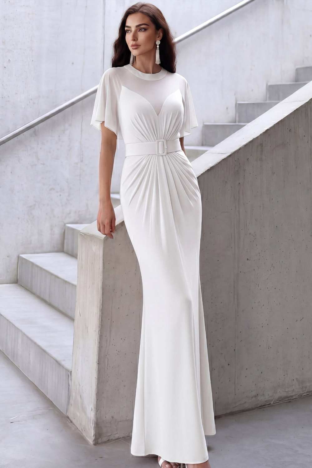 Blue Formal Evening Dress Illusion Neck Ruched Mermaid Maxi Dress