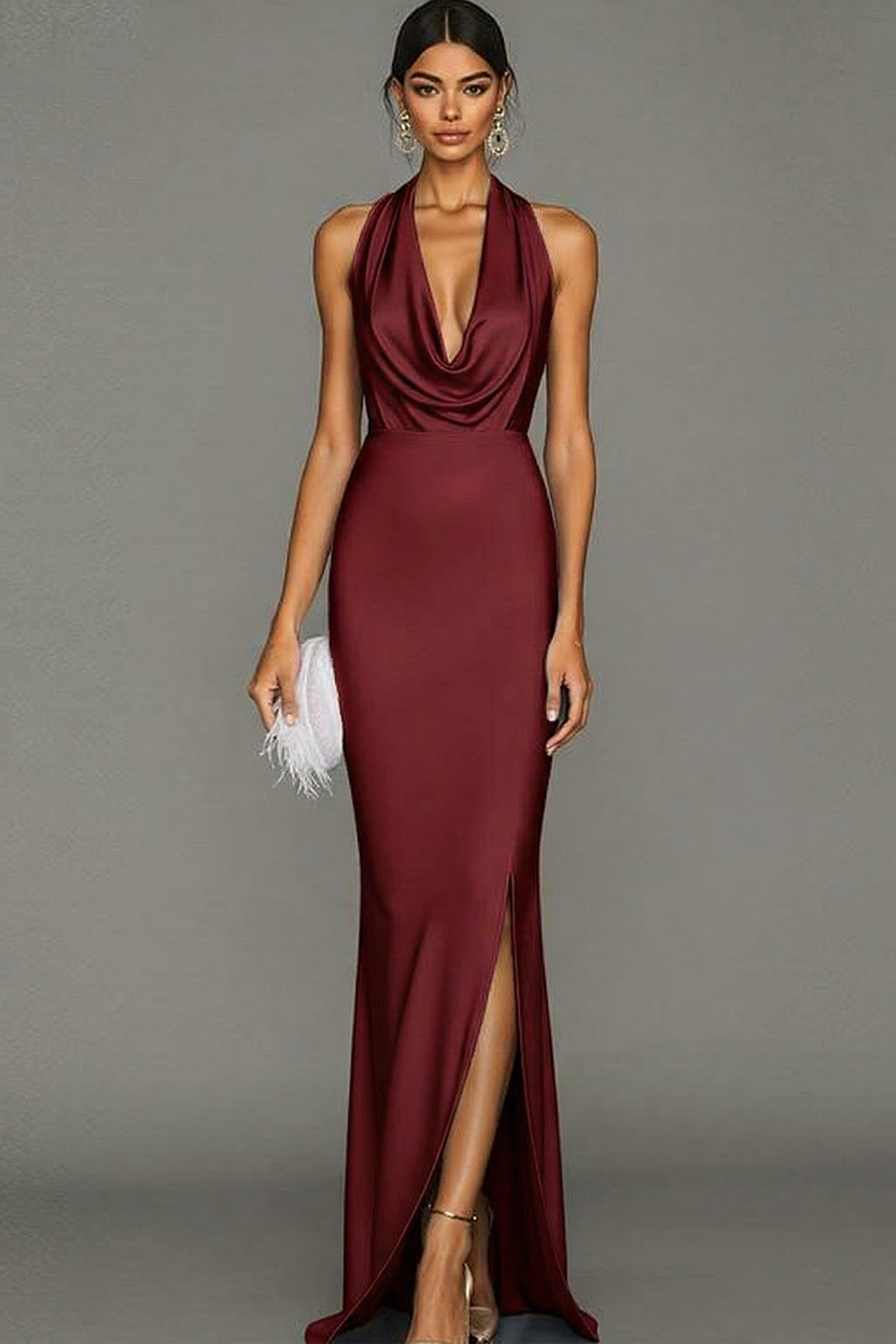 Light Blue Formal Evening Dress Cowl Neck Satin Maxi Dress with Slit