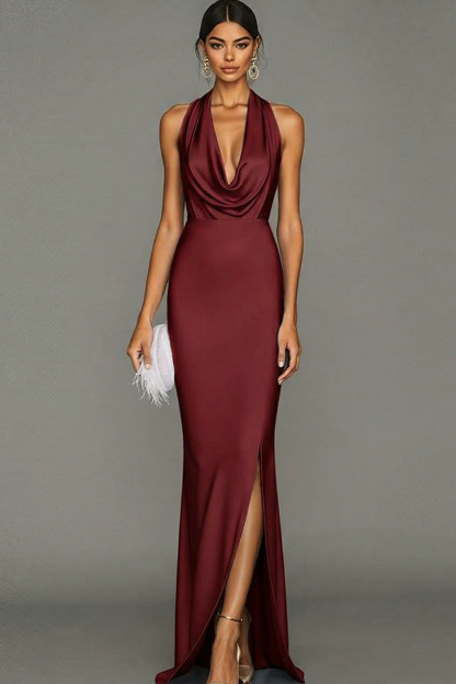 Light Blue Formal Evening Dress Cowl Neck Satin Maxi Dress with Slit