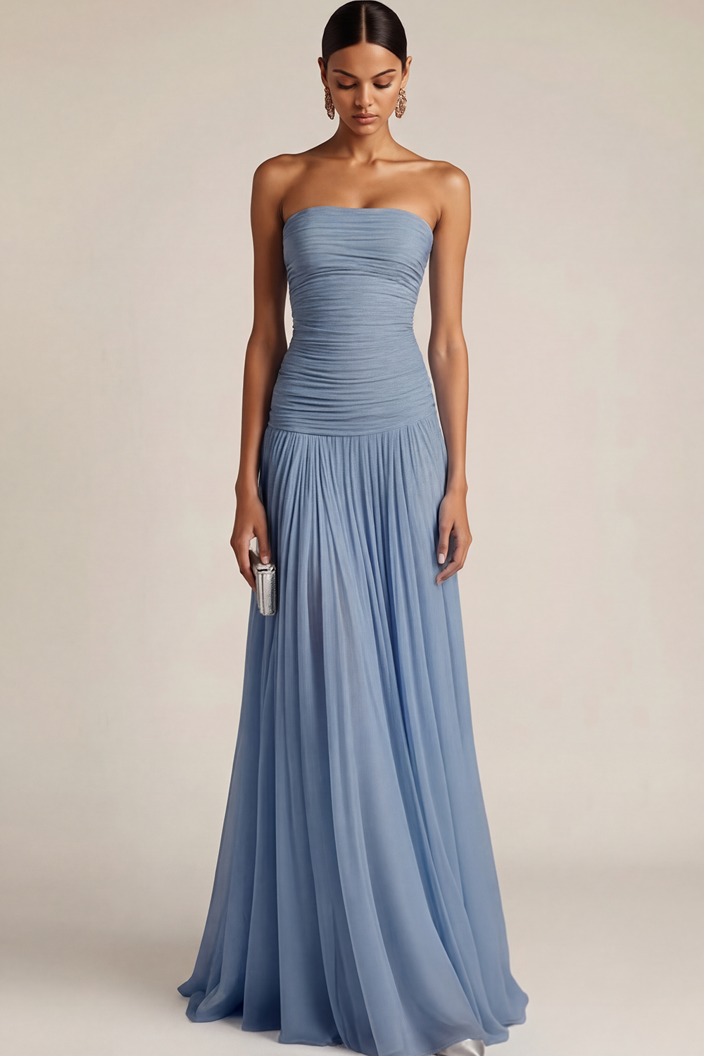 Light Blue Formal ​Wedding Bridesmaid Dress Strapless Chiffon Maxi Dress 