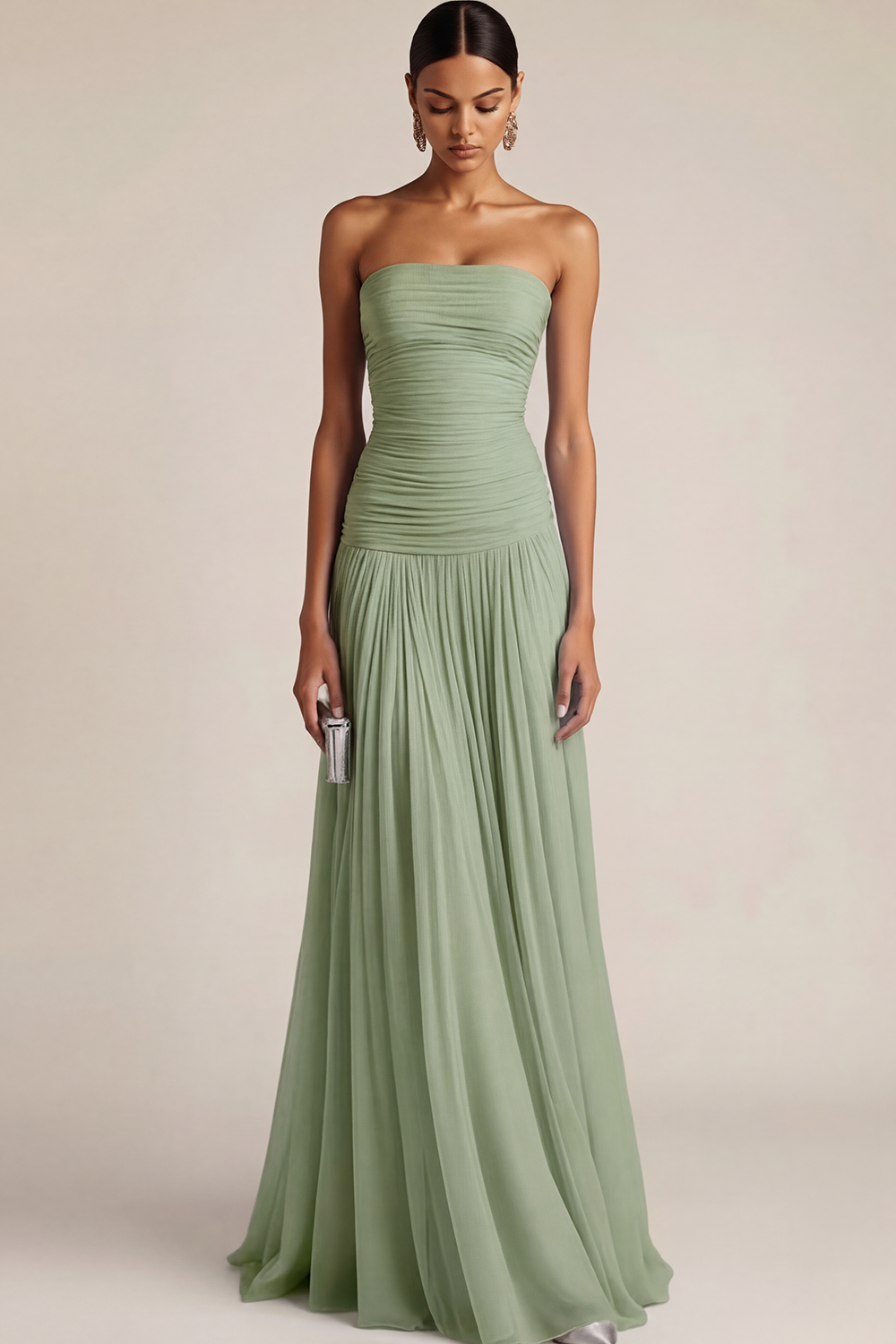 Light Blue Formal ​Wedding Bridesmaid Dress Strapless Chiffon Maxi Dress 