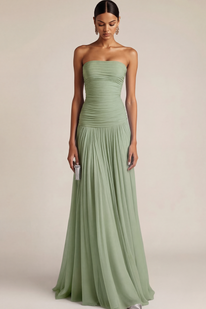 Light Blue Formal ​Wedding Bridesmaid Dress Strapless Chiffon Maxi Dress 