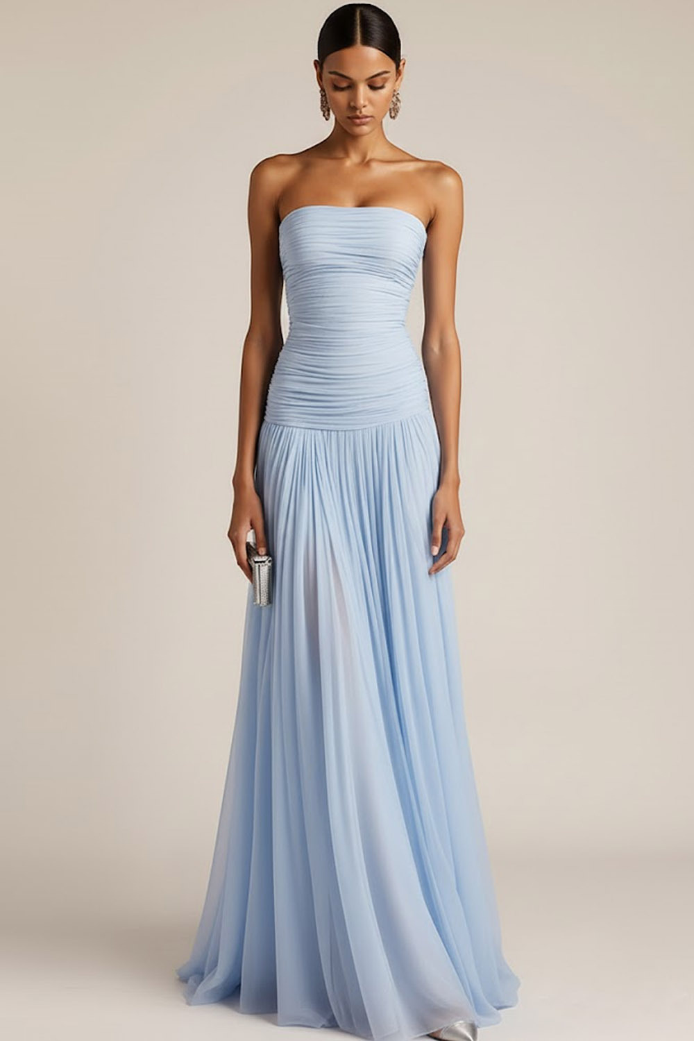 Light Blue Formal ​Wedding Bridesmaid Dress Strapless Chiffon Maxi Dress