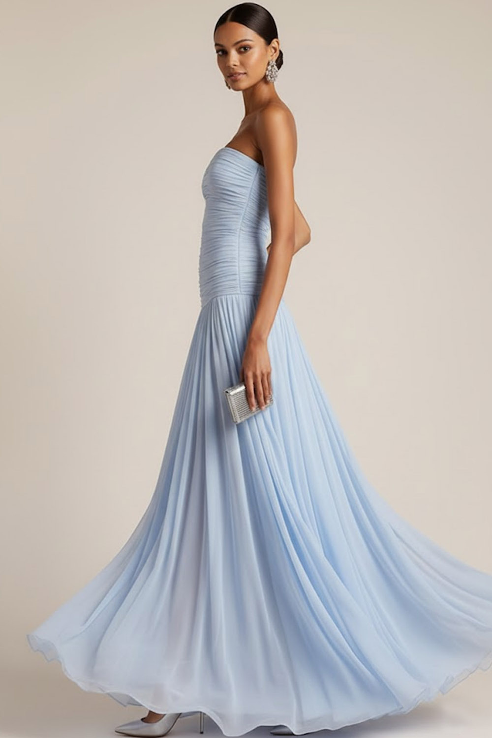 Light Blue Formal ​Wedding Bridesmaid Dress Strapless Chiffon Maxi Dress 