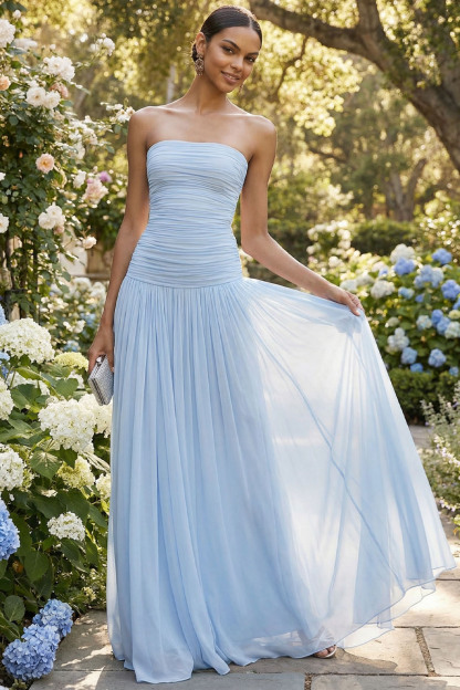 Light Blue Formal ​Wedding Bridesmaid Dress Strapless Chiffon Maxi Dress 