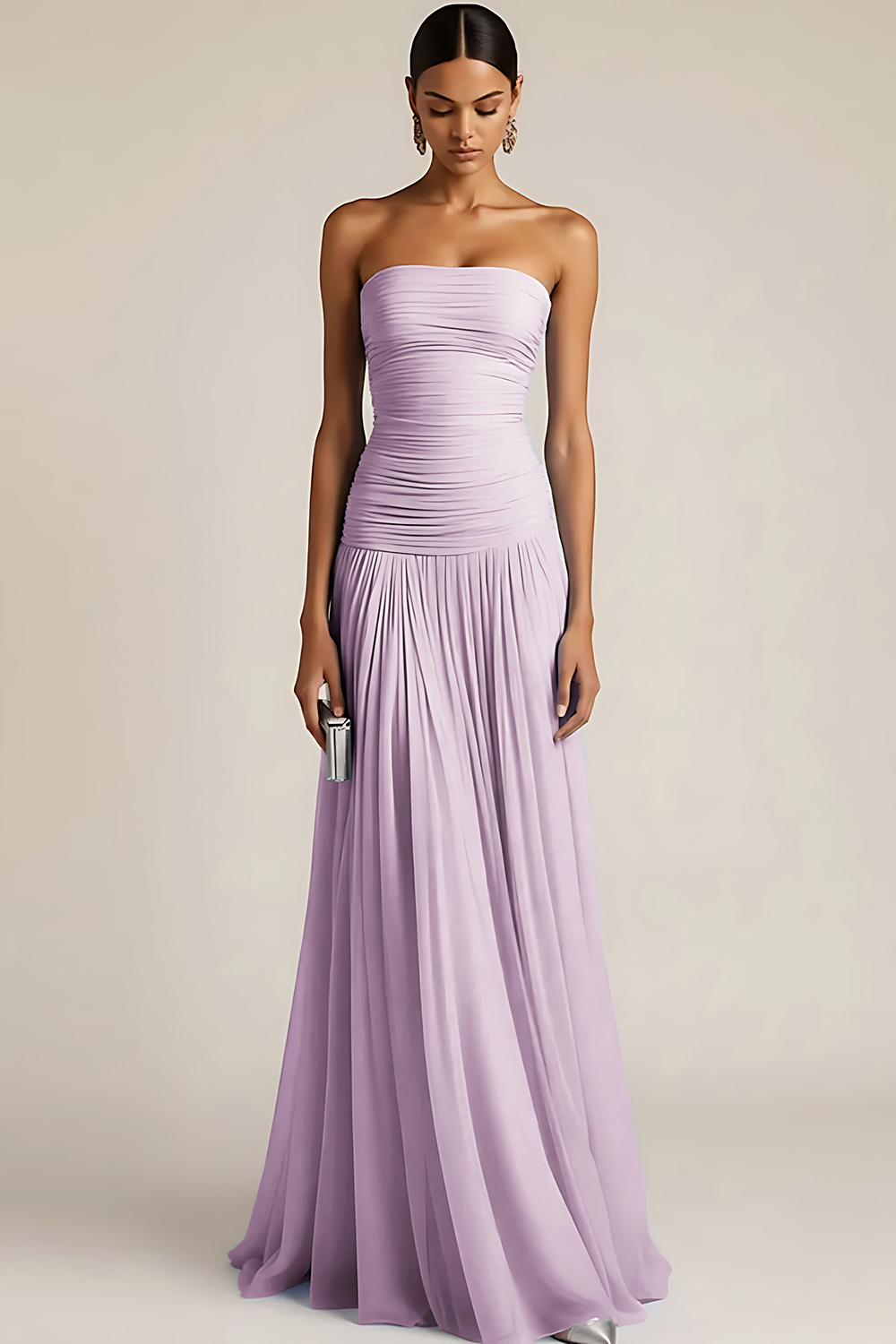 Light Blue Formal ​Wedding Bridesmaid Dress Strapless Chiffon Maxi Dress 