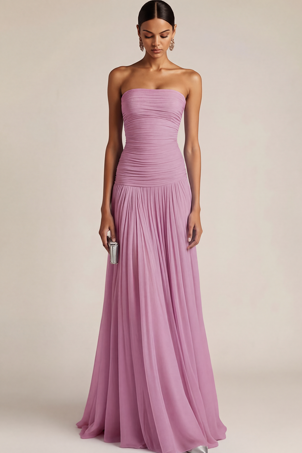 Light Blue Formal ​Wedding Bridesmaid Dress Strapless Chiffon Maxi Dress 