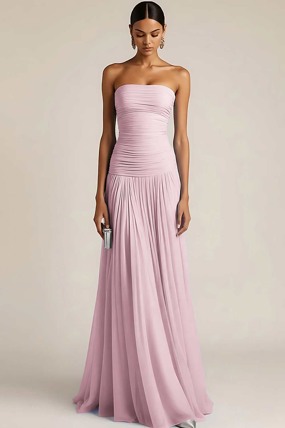 Light Blue Formal ​Wedding Bridesmaid Dress Strapless Chiffon Maxi Dress 