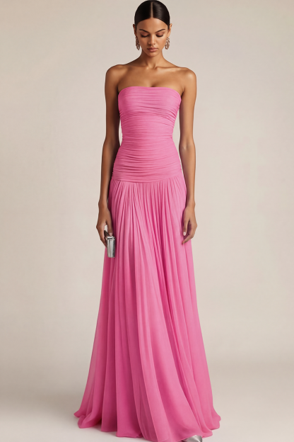 Light Blue Formal ​Wedding Bridesmaid Dress Strapless Chiffon Maxi Dress 