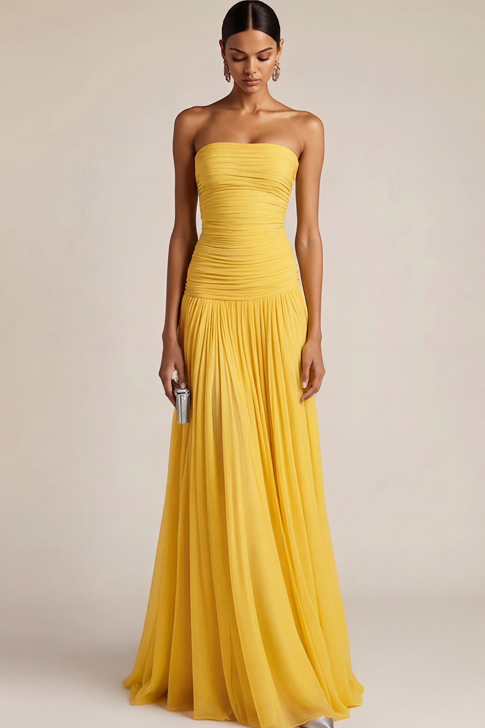 Light Blue Formal ​Wedding Bridesmaid Dress Strapless Chiffon Maxi Dress 