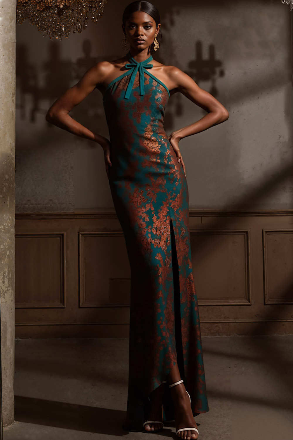 Peacock Green Formal Evening Dress Sheath Halter Slit Maxi Dress