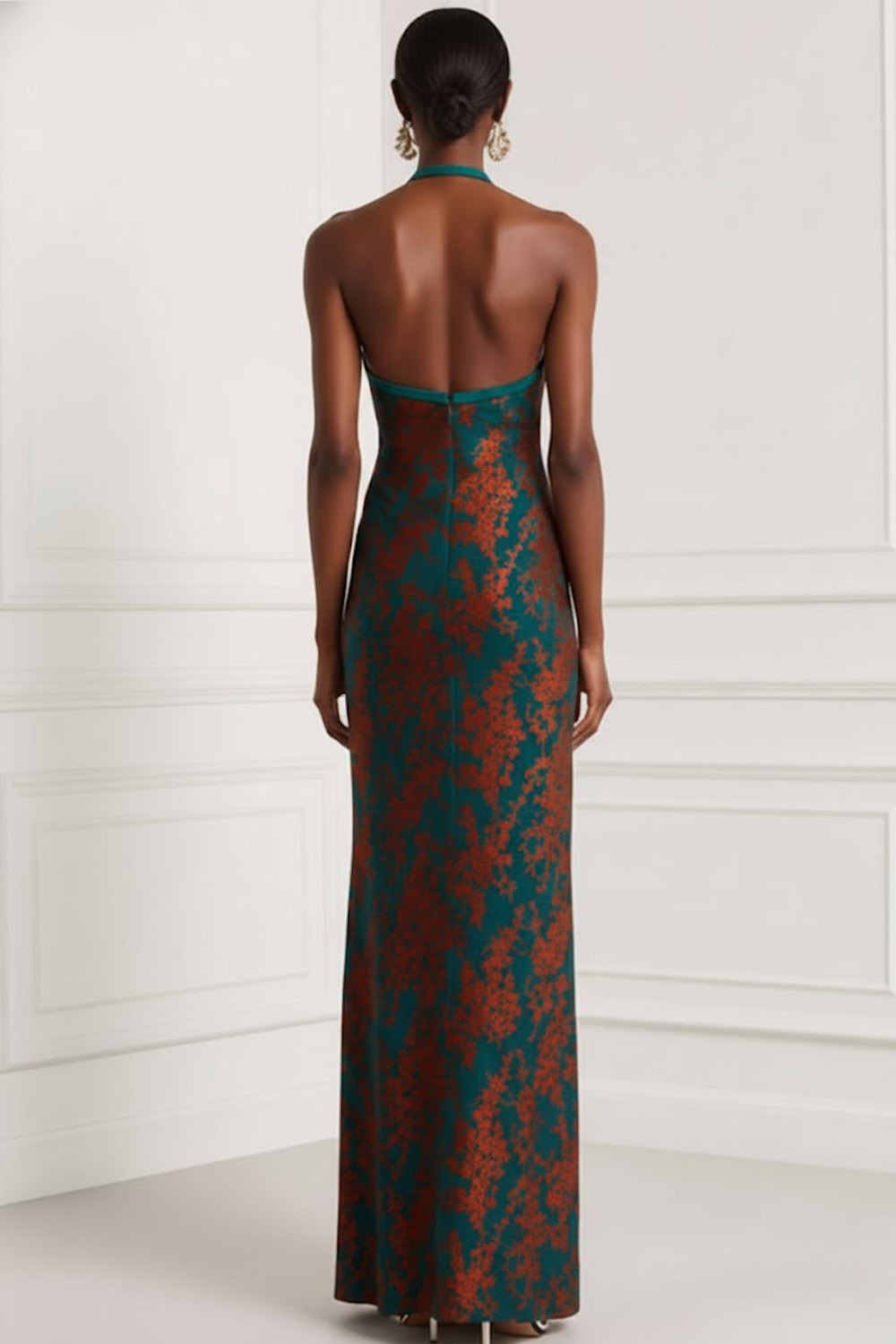 Peacock Green Formal Evening Dress Sheath Halter Slit Maxi Dress 