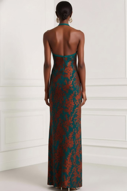 Peacock Green Formal Evening Dress Sheath Halter Slit Maxi Dress 