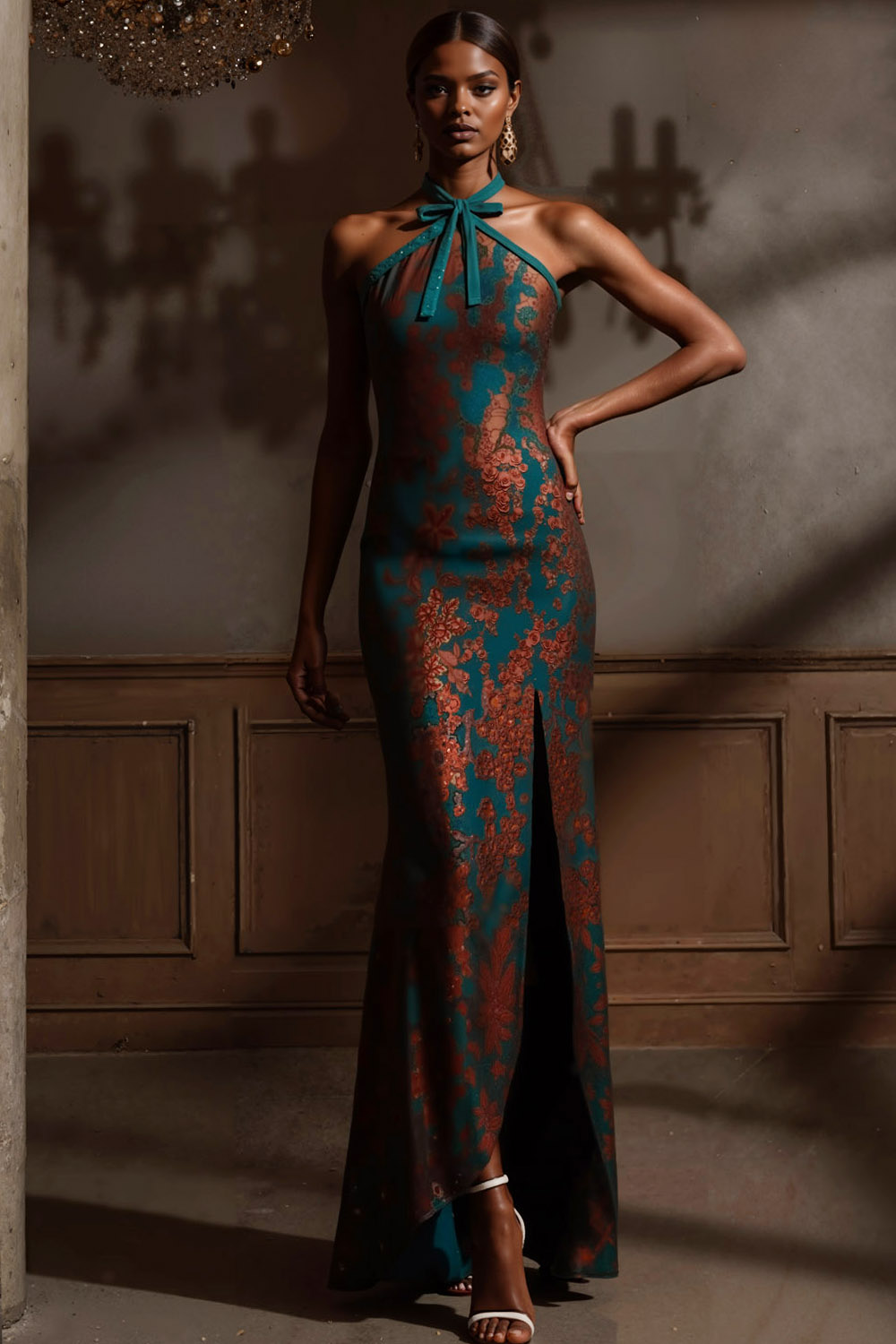 Peacock Green Formal Evening Dress Sheath Halter Slit Maxi Dress 