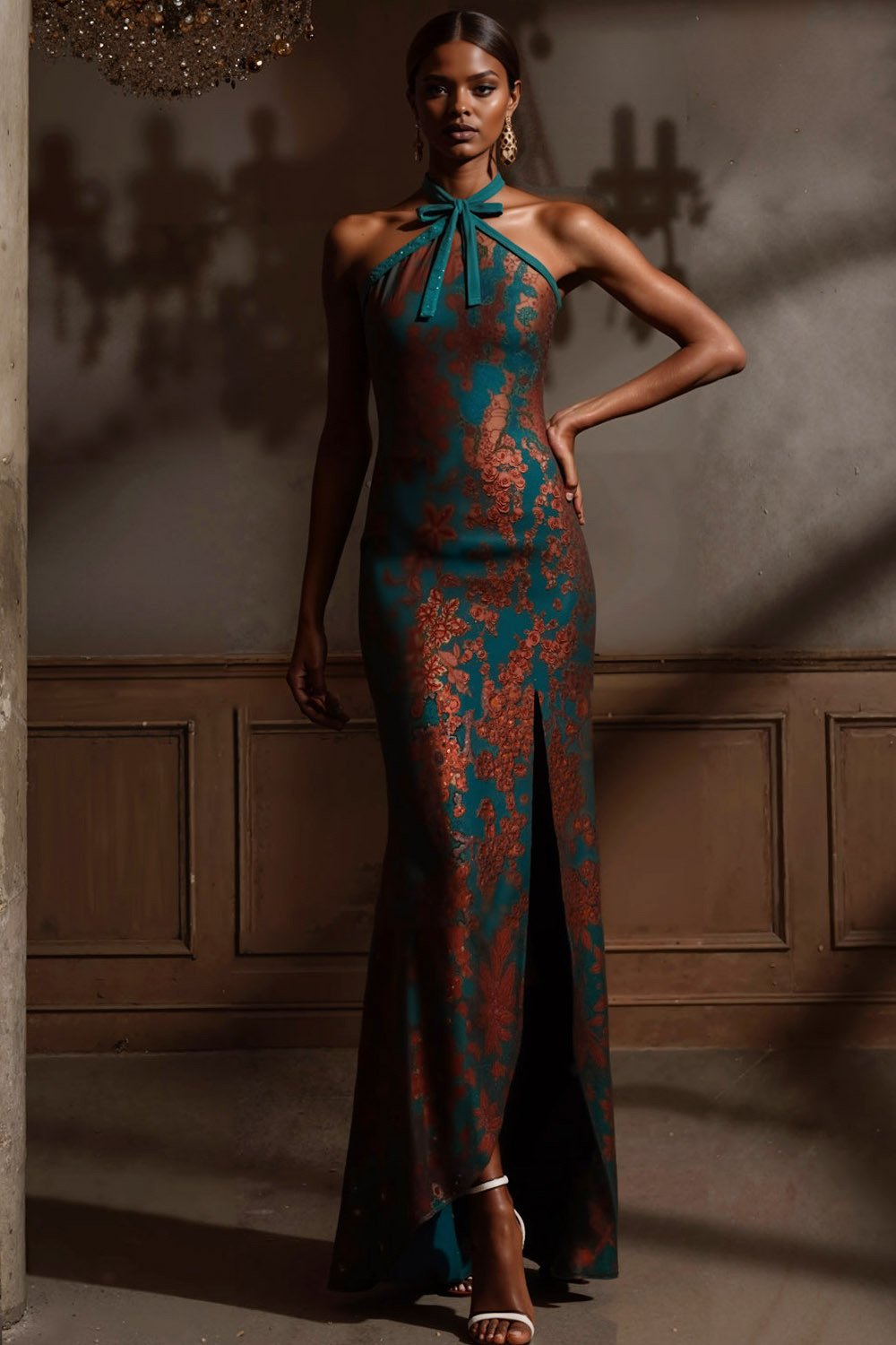 Peacock Green Formal Evening Dress Sheath Halter Slit Maxi Dress 