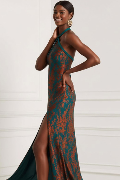 Peacock Green Formal Evening Dress Sheath Halter Slit Maxi Dress 