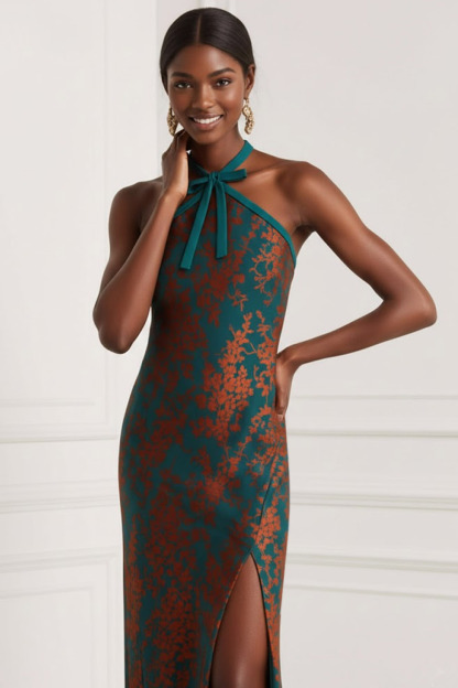 Peacock Green Formal Evening Dress Sheath Halter Slit Maxi Dress 