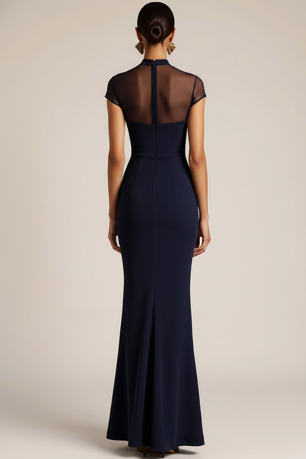 Navy Formal Evening Dress Mermaid Illusion Neck Maxi Dress 