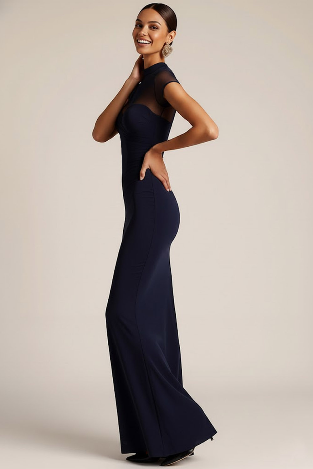 Navy Formal Evening Dress Mermaid Illusion Neck Maxi Dress 