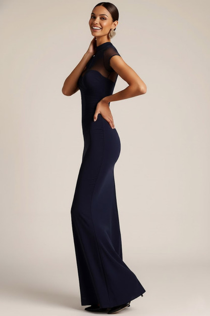 Navy Formal Evening Dress Mermaid Illusion Neck Maxi Dress 