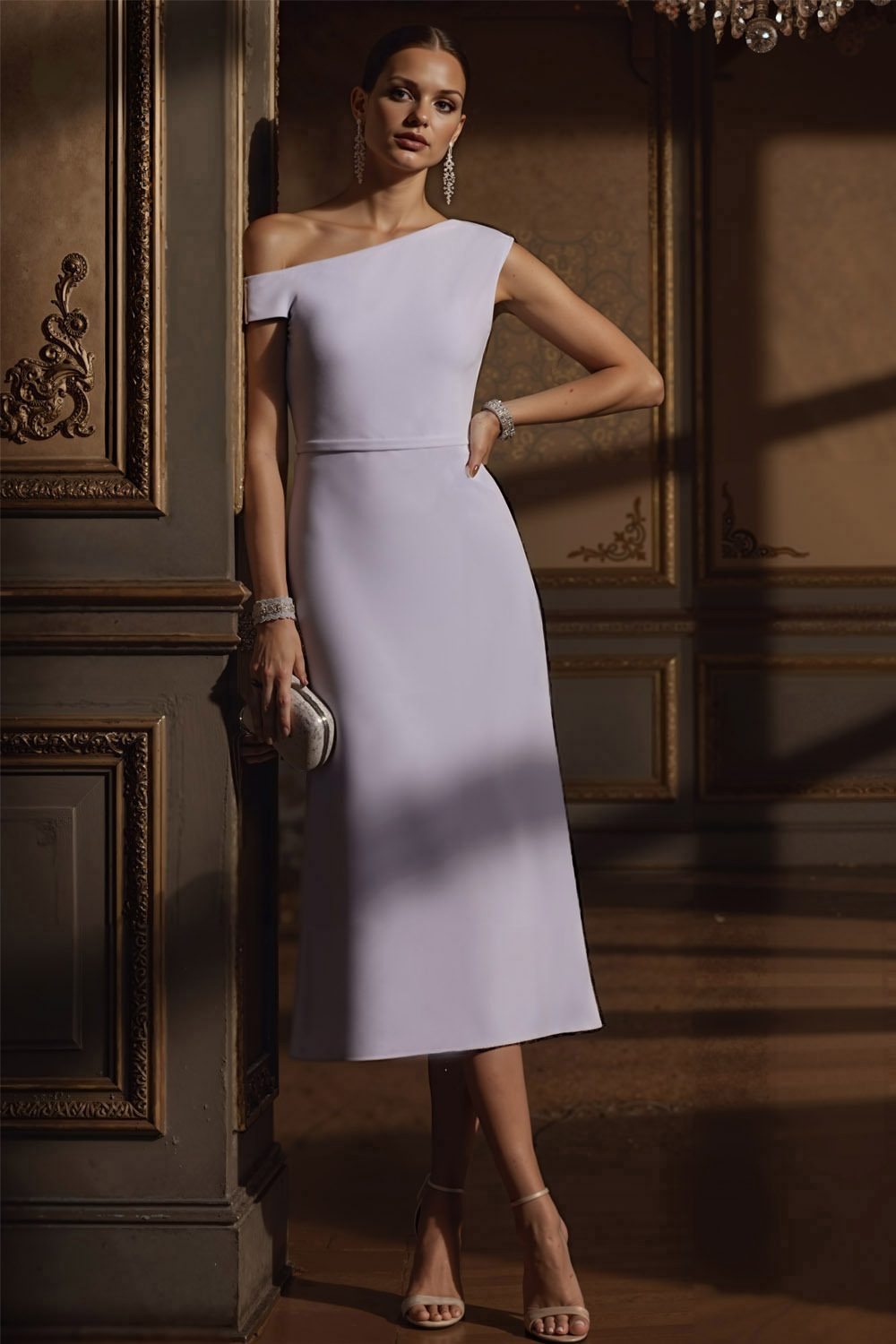 Lilac Wedding Guest Dress Asymmetrical Neck Midi Dress