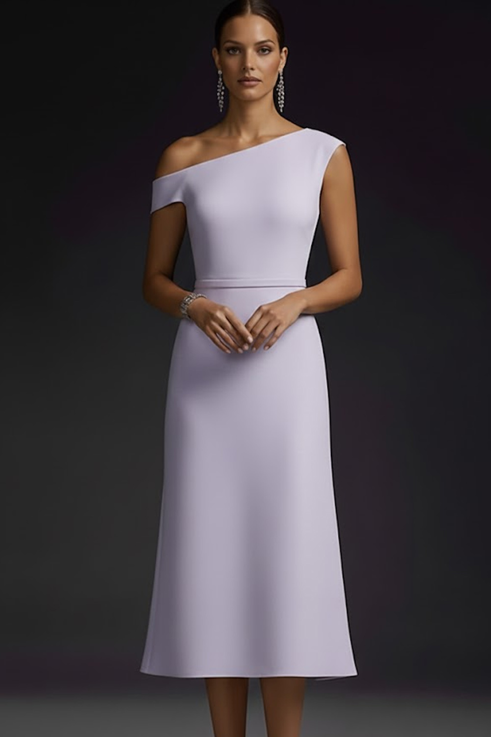 Lilac Wedding Guest Dress Asymmetrical Neck Midi Dress
