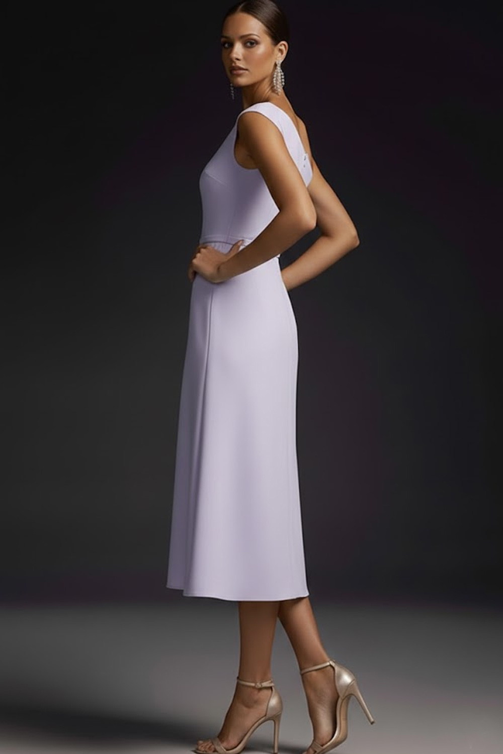 Lilac Wedding Guest Dress Asymmetrical Neck Midi Dress