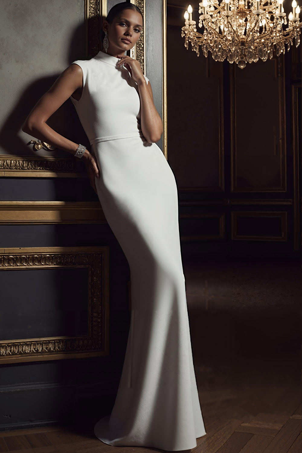 White Formal Evening Dress Sheath High Neck Maxi Dress