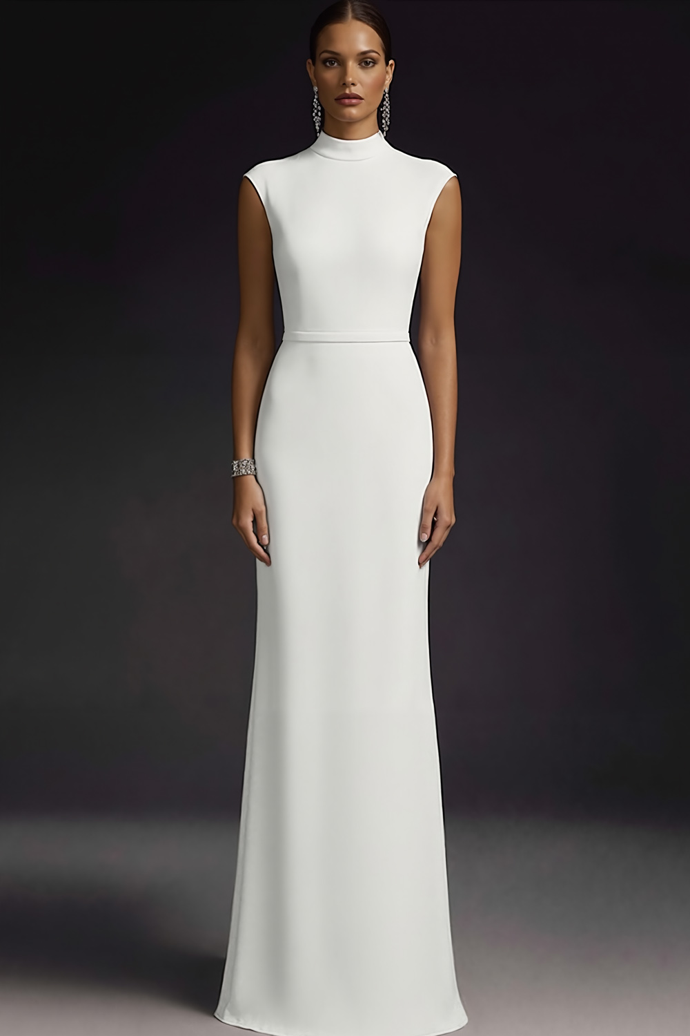 White Formal Evening Dress Sheath High Neck Maxi Dress