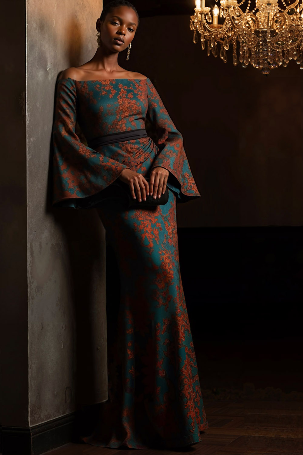 Peacock Green Formal Evening Dress Off the Shoulder Flare Sleeve Maxi Dress