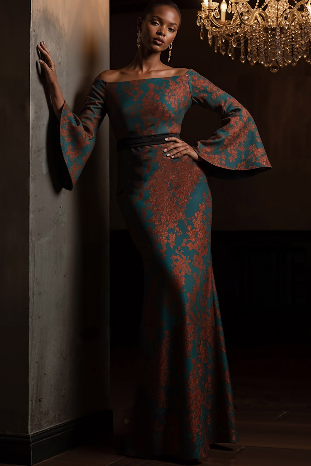 Peacock Green Formal Evening Dress Off the Shoulder Flare Sleeve Maxi Dress 